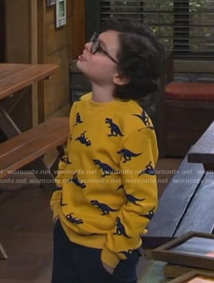 Matteo’s yellow dinosaur print sweatshirt on Bunkd