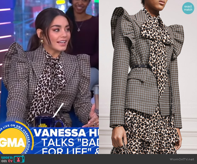 Michael Kors Graphic Check Wool Ruffle-Shoulder Blazer