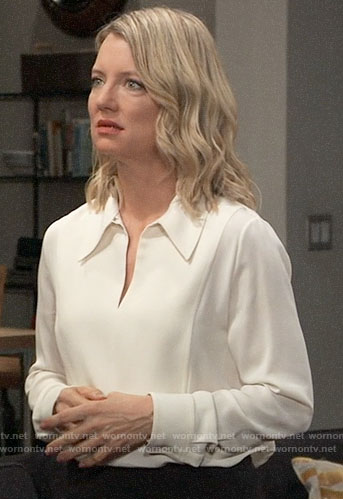 Nina’s white split neck blouse on General Hospital