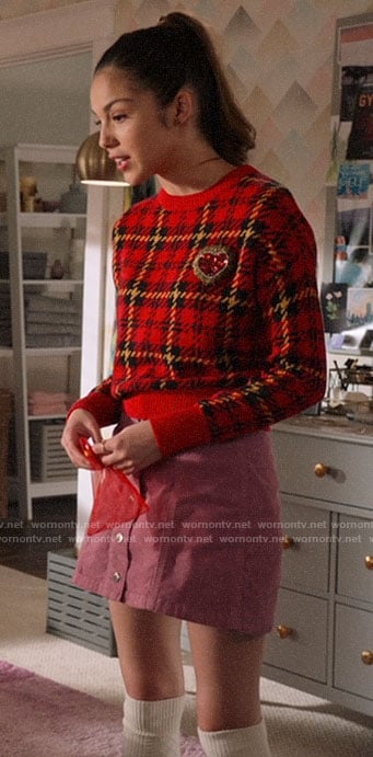 Nini’s red plaid sweater and pink button front skirt on High School Musical The Musical The Series