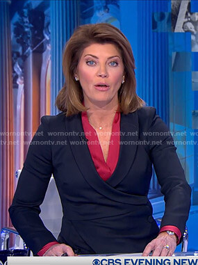 Norah’s black buttoned wrap blazer on CBS Evening News