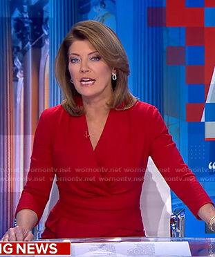 Norah’s red surplice peplum dress on CBS Evening News