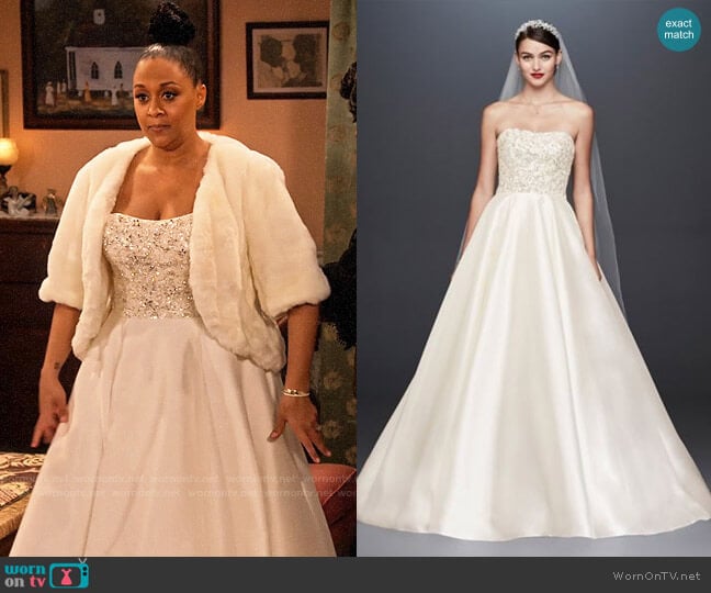 Oleg Cassini Crystal Encrusted Mikado Ball Gown Wedding Dress worn by Cocoa McKellan (Tia Mowry-Hardrict) on Family Reunion