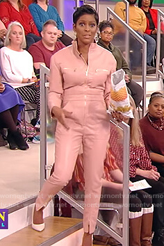 Tamron’s pink leather jumpsuit on Tamron Hall Show