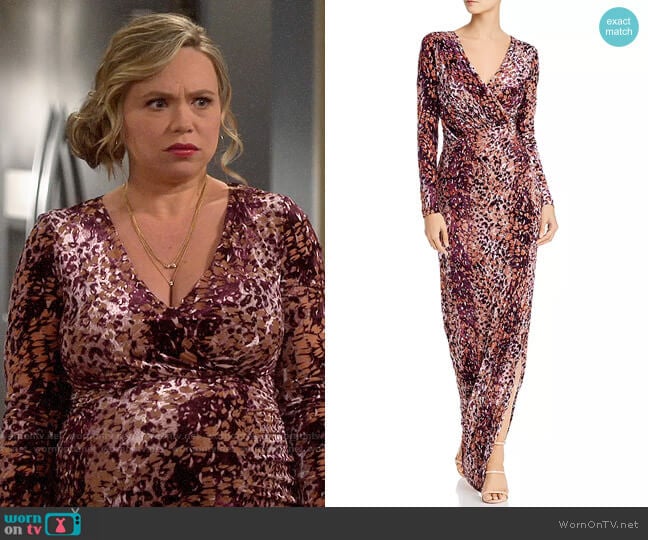 Rachel Zoe Dianora Printed Velvet Gown worn by Kristin Baxter (Amanda Fuller) on Last Man Standing