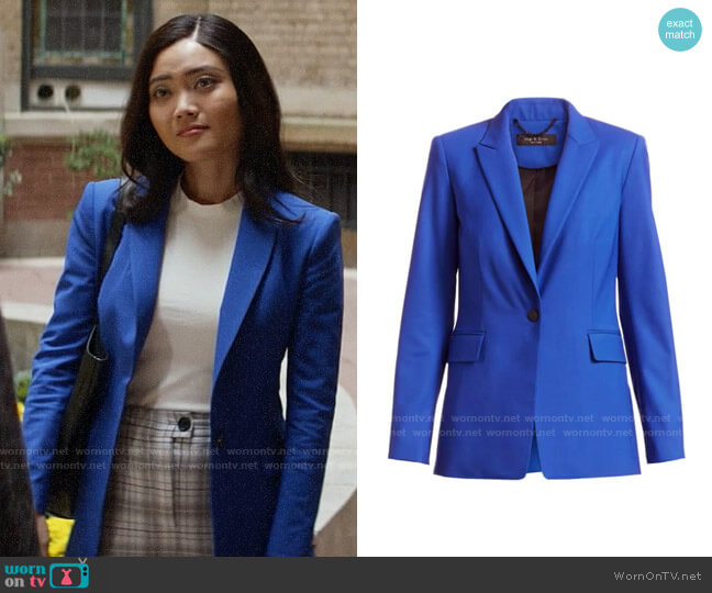 Rag & Bone Hazel Blazer in Blue Paradise worn by Joy (Jessica Lu) on God Friended Me