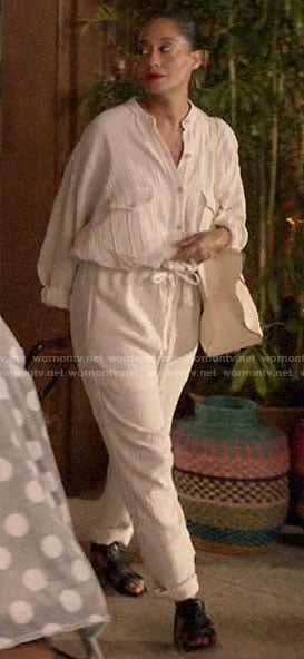 Rainbow’s white linen jumpsuit on Black-ish