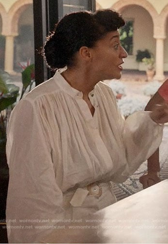 Rainbow’s white linen button down shirt and trousers on Black-ish