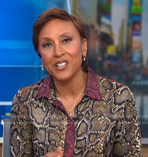Robin’s snake print blouse and burgundy pants on Good Morning America