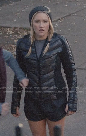 Roxy’s black camo print puffer jacket on Almost Family