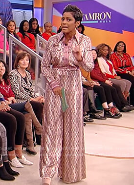 Tamron’s printed silk shirt and pants on Tamron Hall Show