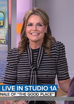 Savannah’s grey striped tie neck top on Today