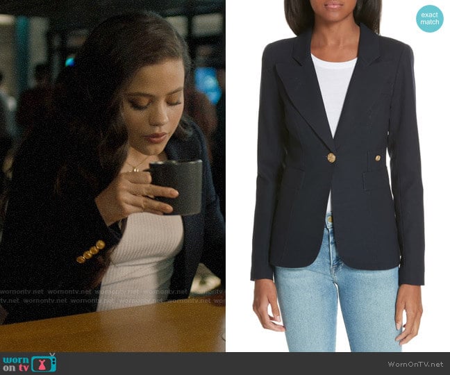 Smythe Duchess Blazer in Navy worn by Maggie Vera (Sarah Jeffery) on Charmed