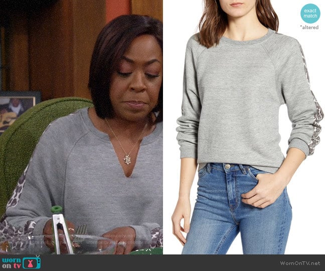 Splendid Leopard Active Crewneck Sweatshirt worn by Gemma (Beth Behrs) on The Neighborhood