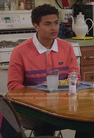 Ryan’s coral rugby shirt on Alexa & Katie