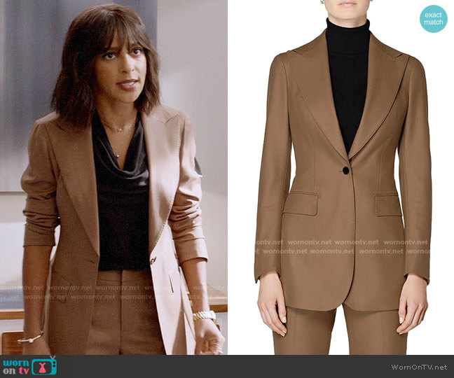 Suistudio Cameron Peak Lapel Long Jacket in Tobacco worn by Edie Palmer (Megalyn Echikunwoke) on Almost Family