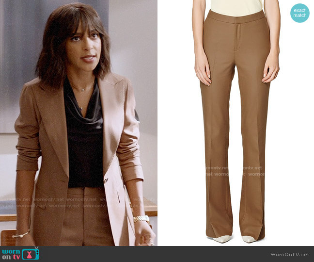 Suistudio Robin Flare Wool Trousers in Tobacco worn by Edie Palmer (Megalyn Echikunwoke) on Almost Family