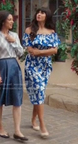 Tahani’s blue floral off-shoulder dress on The Good Place