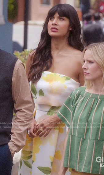 Tahani’s white and yellow floral strapless dress on The Good Place