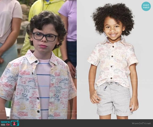 Cat & Jack Dinosaur Print Short Sleeve Button-Down Shirt worn by Matteo Silva (Raphael Alejandro) on Bunkd