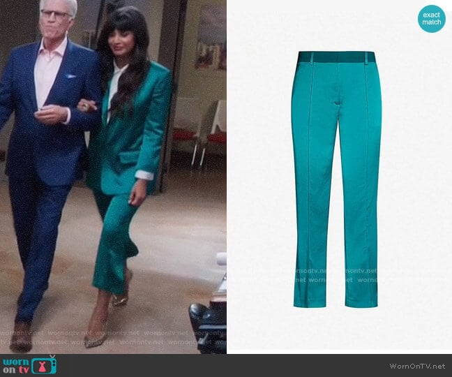 The Kooples High-Rise Slit-Detail Satin Trousers worn by Tahani Al-Jamil (Jameela Jamil) on The Good Place