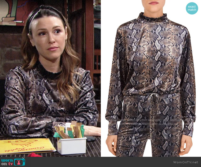 The Kooples Snakeskin-Print Fleece Sweatshirt worn by Chloe Mitchell (Elizabeth Hendrickson) on The Young and the Restless