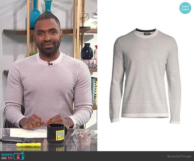 Theory Ollis Striped Crewneck Sweater worn by Justin Sylvester on E! News