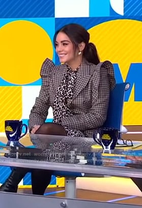 Vanessa Hudgens’s leopard blouse and ruffled check blazer on Good Morning America