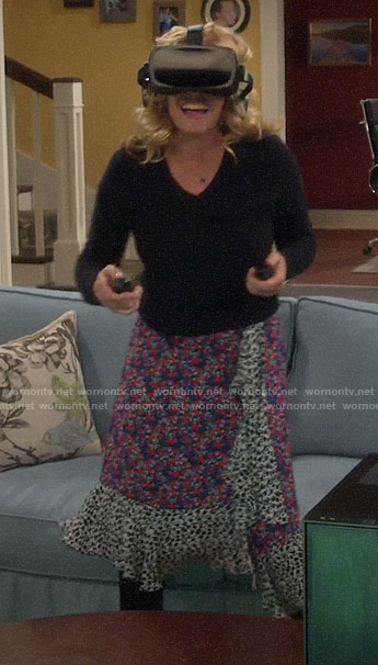 Vanessa’s mixed floral print ruffled wrap skirt on Last Man Standing