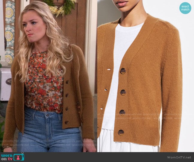 Vince Cashmere Shrunken Cardigan in Teakwood worn by Gemma (Beth Behrs) on The Neighborhood