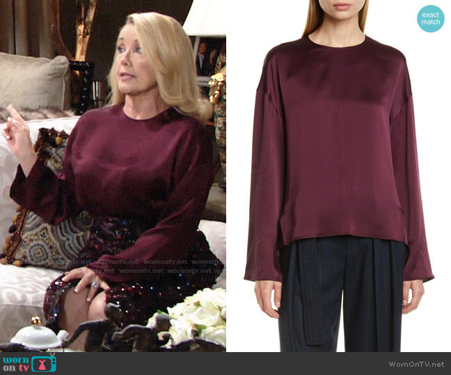 Vince Seamed Front Silk Blouse in Dahlia Wine worn by Nikki Reed Newman (Melody Thomas-Scott) on The Young and the Restless