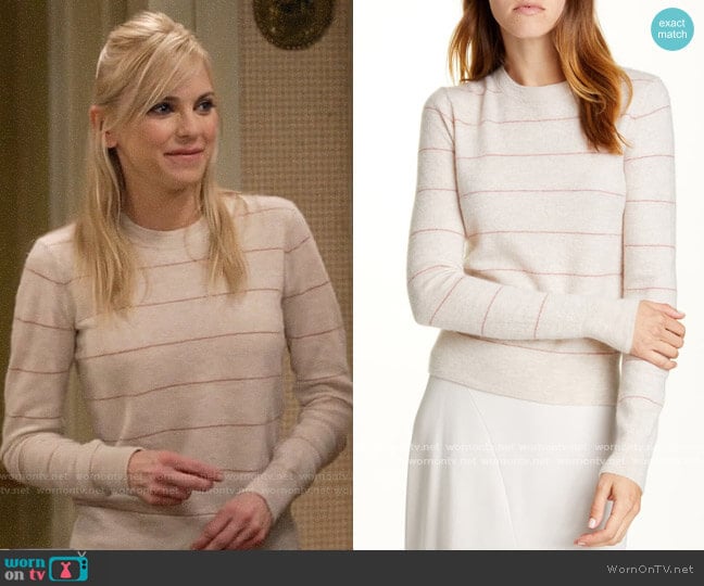 Vince Stripe Fitted Cashmere Crewneck Sweater in Heather Dove Oat / Rosewood worn by Christy Plunkett (Anna Faris) on Mom