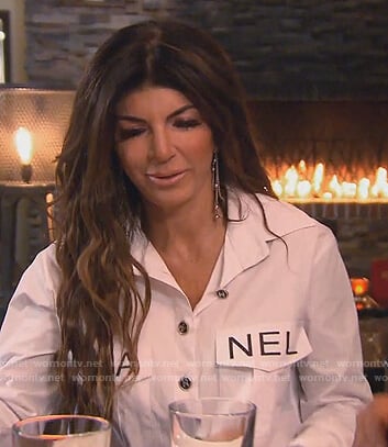 Teresa’s white Chanel logo shirt on The Real Housewives of New Jersey