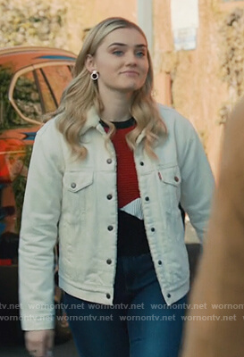 Taylor’s white denim jacket with shearling collar on American Housewife