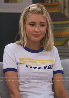 Katie’s white sil vous plait ringer tee on Alexa & Katie
