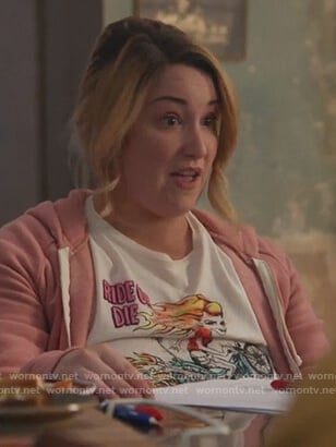 Davia’s white ride or die print tee on Good Trouble