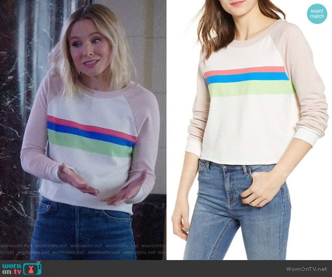 Wildfox Beach House Mellow Stripe Crop Sweatshirt worn by Eleanor Shellstrop (Kristen Bell) on The Good Place