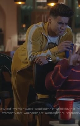 Vivek’s yellow velvet track jacket and pants on Grown-ish