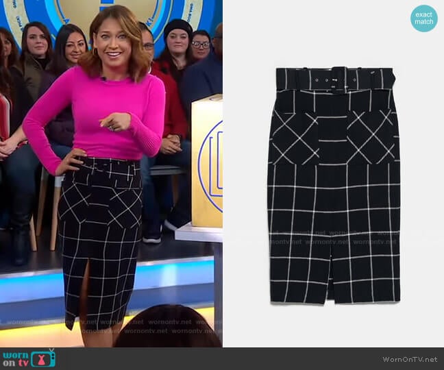 Zara Plaid Pencil Skirt worn by Ginger Zee on Good Morning America