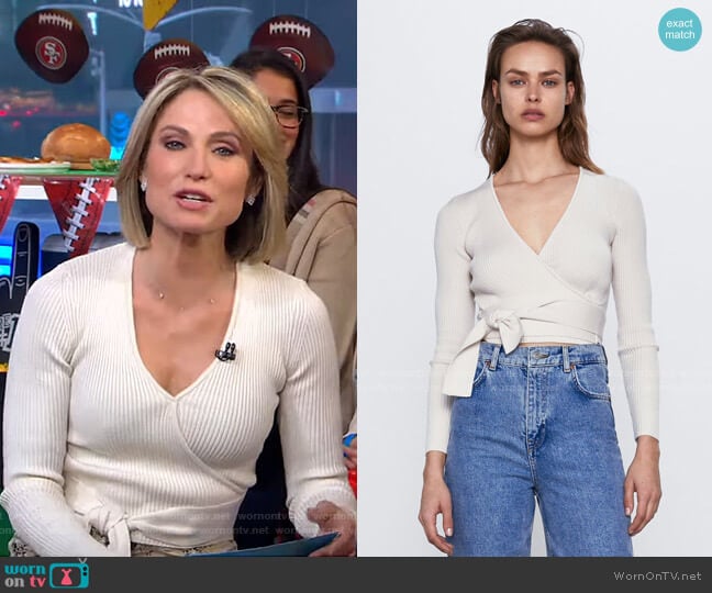 Zara Ribbed Wrap Top worn by Amy Robach on Good Morning America