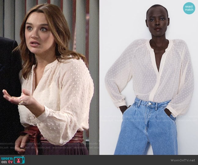 Zara Semi Sheer Swiss Dot Blouse worn by Summer Newman (Hunter King) on The Young and the Restless