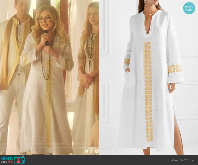 Zeus + Dione Phryne Embroidered Linen kaftan worn by Fallon Carrington (Elizabeth Gillies) on Dynasty