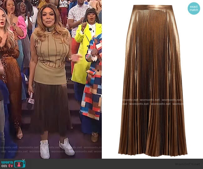 A.L.C. Pleated Lame Midi Skirt worn by Wendy Williams on The Wendy Williams Show