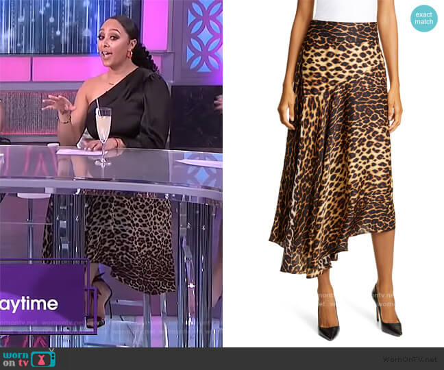 A.L.C. Lev Leopard Print Asymmetrical Stretch Silk Midi Skirt worn by Tamera Mowry on The Real