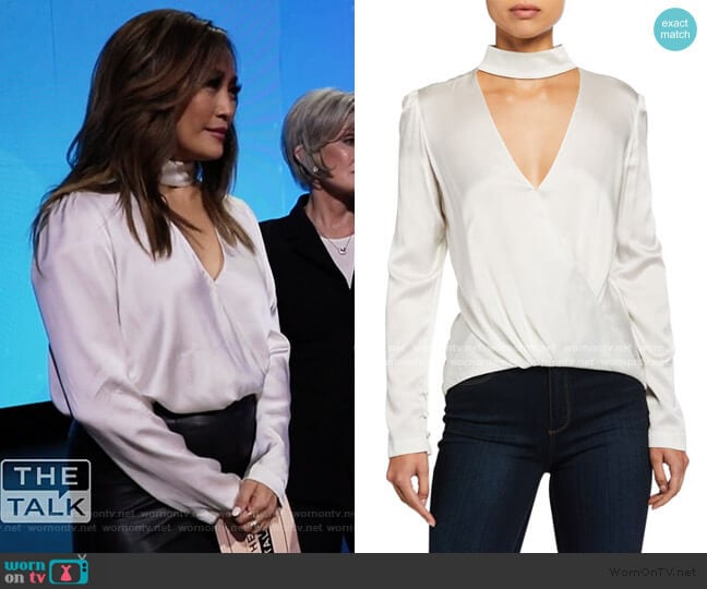 A.L.C. Raquel Mock-Neck High-Low Silk Cutout Top worn by Carrie Inaba on The Talk