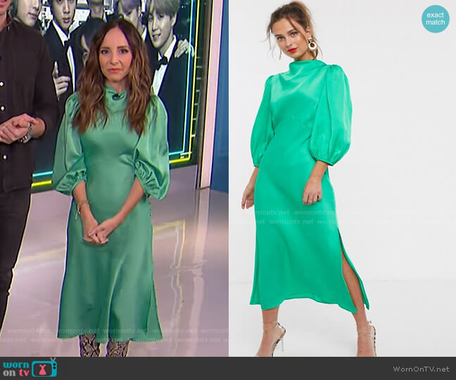 Asos Cowl Neck Satin Tea Midi Dress with Puff Sleeve worn by Lilliana Vazquez on E! News