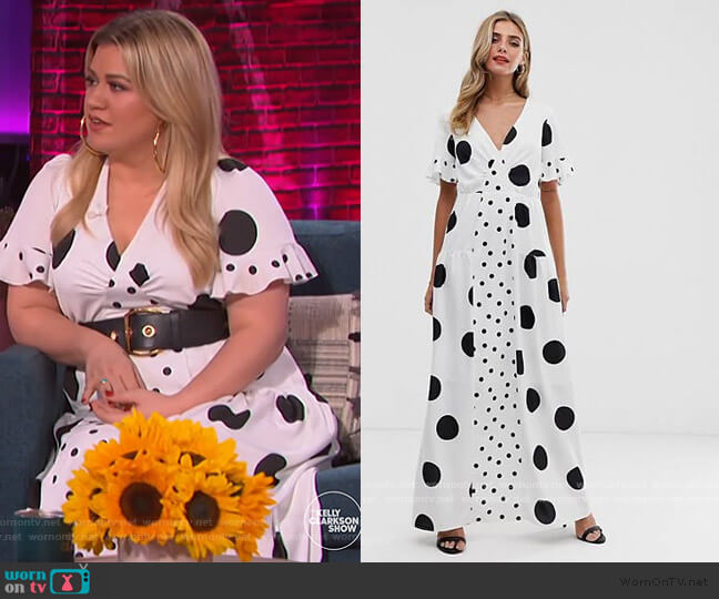 ASOS Twisted Wunder satin maxi dress in mix and match polka worn by Kelly Clarkson on The Kelly Clarkson Show