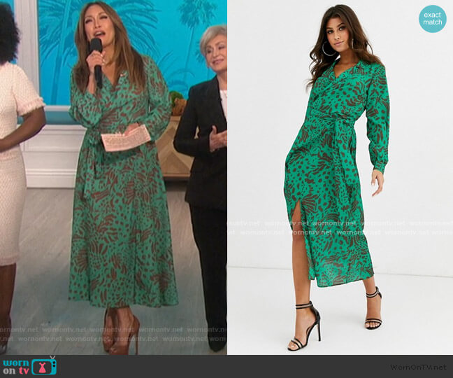 ASOS Wrap Front Midi Dress in abstract animal print worn by Carrie Inaba on The Talk
