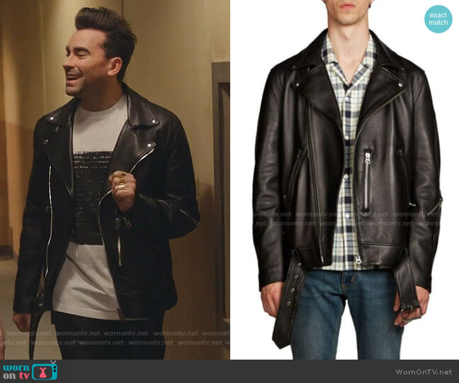 Acne Studios Nate Clean Leather Moto Jacket worn by David Rose (Daniel Levy) on Schitts Creek