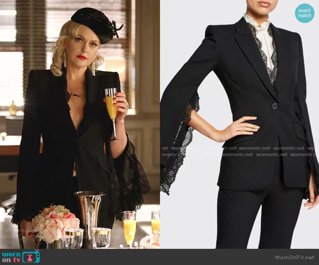 Alexander Mcqueen Lace-Trim Leaf Crepe Blazer worn by Alexis Carrington (Elaine Hendrix) on Dynasty